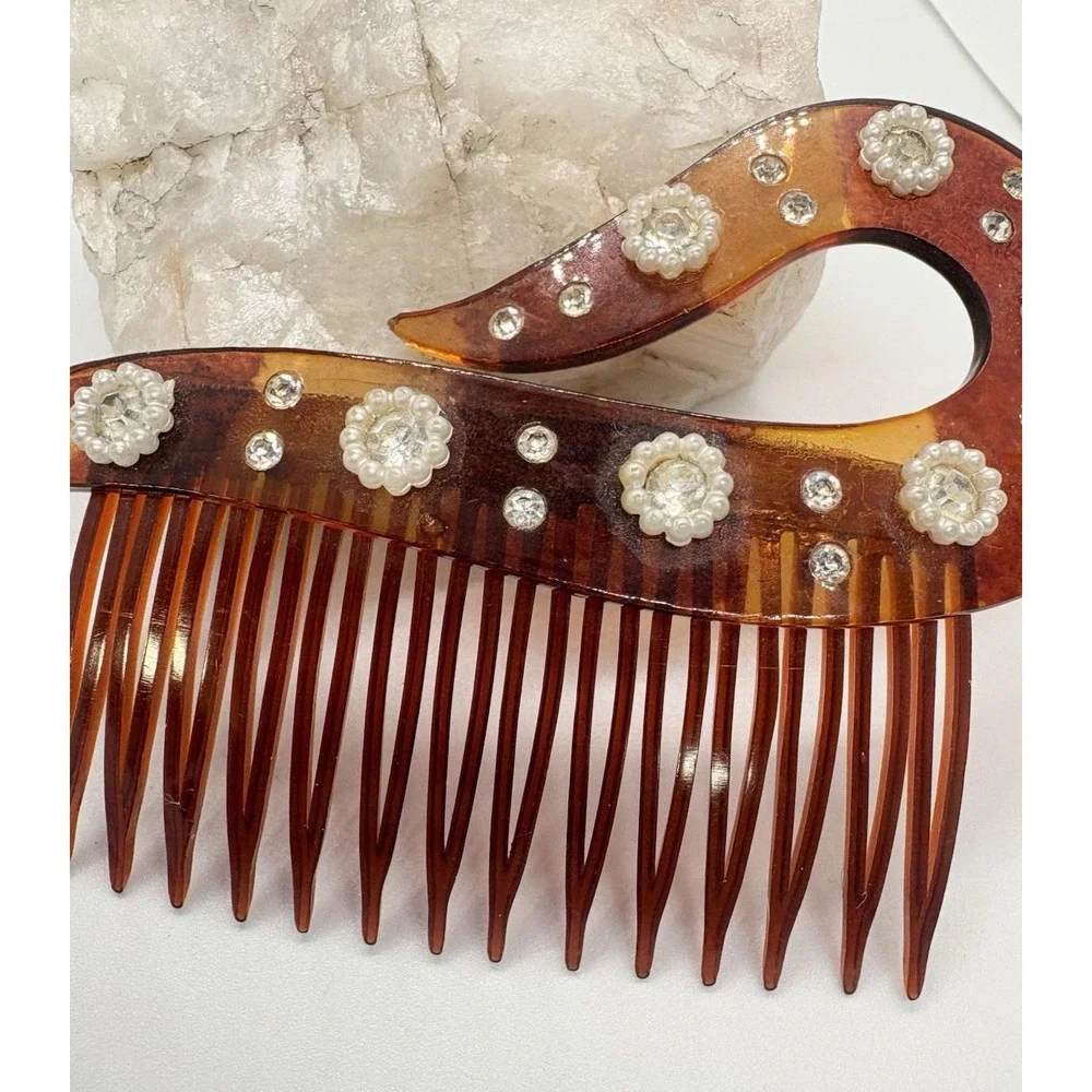 Vintage 1920s Celluloid Art‎ Deco Hair Comb Faux Tortoise Shell Rhinestone USA